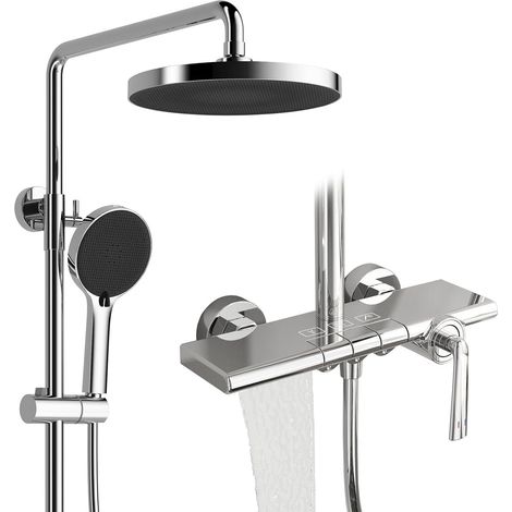 Colonne de Douche, RSS0700 Moderne Touches de Piano Ensemble de Douche, 10"/252mm Système de Douche, 4 Jets Pommeau de Douchette avec Pistolet, Cascade Robinet de Baignoire, 59A Tout en Cuivre (1/5)