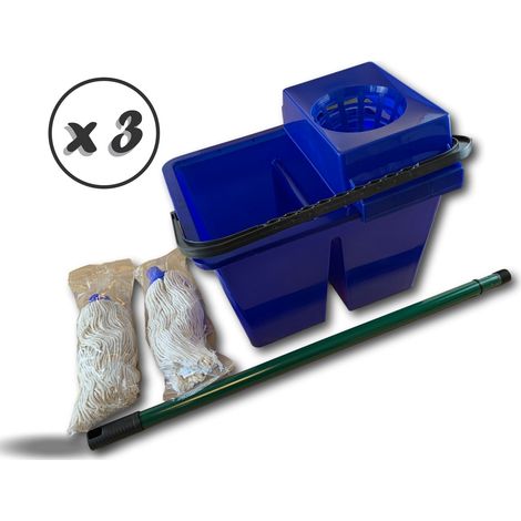 Kit lave sol seau 2 compartiments  2 serpillères - Lot de 3 - Kit lave-sol
