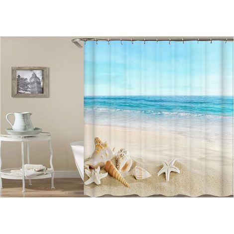 Tenda da doccia con motivo marino, in poliestere, con onde, mare, spiaggia, stelle marine e conchiglie, 180x180 cm, con 12 anelli di plastica. (1/5)