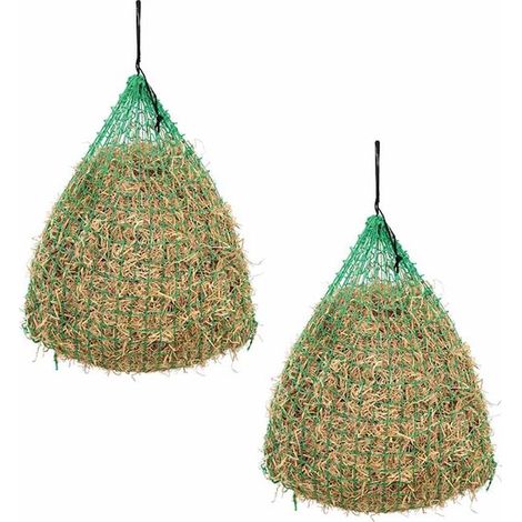 Filets à foin, lot de 2, 0,75 x 0,75 m, mailles 45 mm, slow feeder en polypropylène résistant aux intempéries, pour chevaux et poneys, vert (1/4)