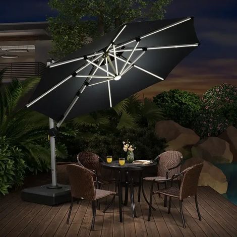 PURPLE LEAF parasol déporté Rond 3,3 m, rotation 360°, double toit ventilé, panneau solaire intégré, 8 baleines LED en aluminium, pour jardin, cour et piscine, Gris (1/5)