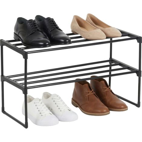 Estantería para zapatos Relaxdays, 2 niveles, montaje sin herramientas, 38x68x30 cm, estructura metálica, balda, negro