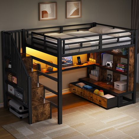 Lit Mezzanine métal 140x200 avec LED et USB, Lit Superposé Enfant avec bureau et 2 tiroirs, Lit double Rangements et rambarde et escalier, Noir (1/5)