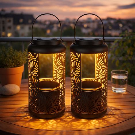Gartendeko Solar Terrasse Hängende Solarleuchten IP44 Akku, Metall schwarz Dekorstanzungen orientalisch, 1x LED 3000K, DxH 15x41cm, 2er Set