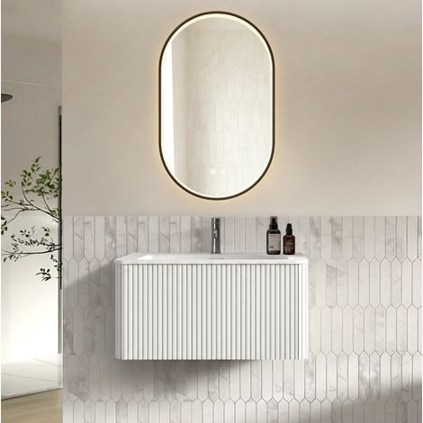 Mueble de baño con lavabo 81 cm, espejo LED antivaho, blanco OKMYHOME (1/5)