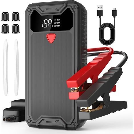 Car Jump Starter 8000mAh, Portable 12V Battery Booster for 10L Gas 8L Diesel Engine, Dual USB Charger, LED Flashlight Smart Clamps, 4 Tire Valve Caps (1/5)