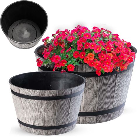 KADAX Macetero de plástico para interior y exterior, macetero grande con imitación de madera (gris claro, juego de 2: 30 y 40 cm) (1/5)