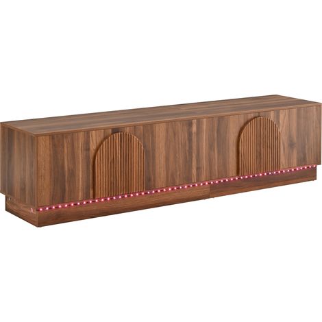 Meuble TV debout en MDF avec 4 portes push-to-open, LED multicolore réglable, décor rainuré en arc, couleur noyer (1/5)
