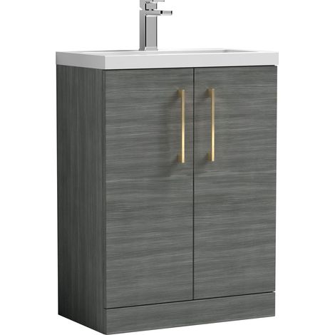 Balterley Bramshall Compact Bathroom Cloakroom Vanity Basin Unit with Ceramic Basin, Brushed Brass Handles, 600mm, Woodgrain Grey