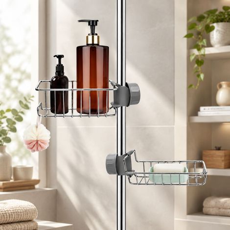 FLITI Étagère de Douche 2 Pièces Acier Inoxydable SUS304 Fixation Télescopique 18-27mm Sans Perçage pour Shampooing et Gel Douche Salle de Bain (1/5)