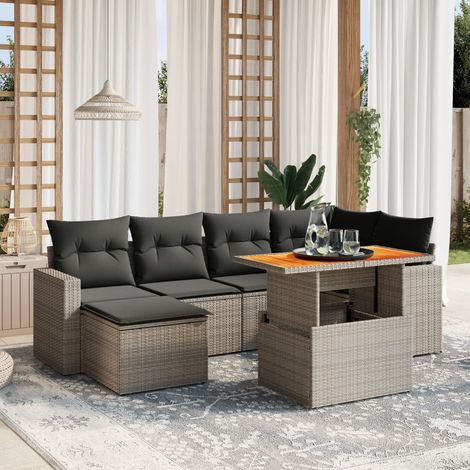Salon de jardin en résine tressée gris 7 places - Ensemble modulaire avec table réglable, coussins amovibles et repose-pieds (1/3)