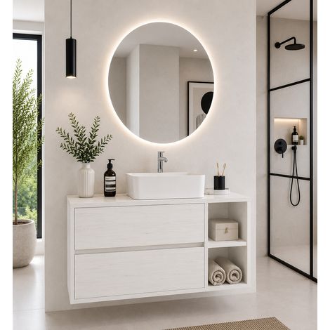Meuble de salle de bain avec plan bois et vasque à poser ORIGENBATH ZEUS sans miroir 120x45 cm 1 vasque À droite blanc nordique