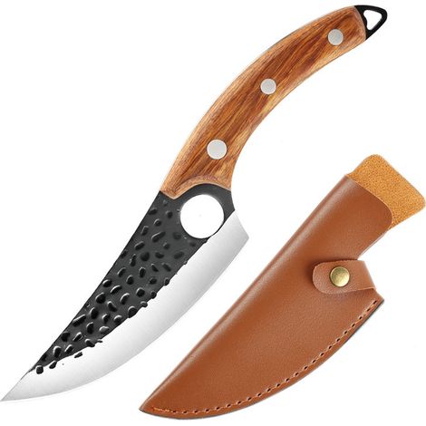 Machette à manche en palissandre, étui en cuir PU, forgée à grain martelé, pour abattre, désosser, trancher la viande, tuer le poisson, le porc et le mouton, et éplucher. (1/5)