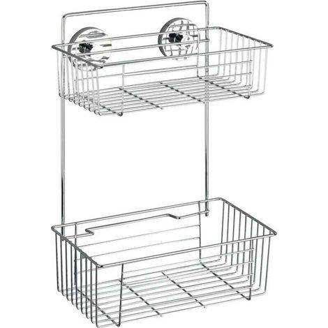 Étagère  Vacuum-Loc chromée 2 étagères sans percer pour salle de bain avec fixation murale sans percer en métal 26 x 38 x 17 cm pour étagère de douche et rangements pour salle de bain (1/4)