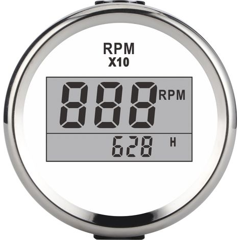 Compte-tours numérique 0-9990 tr/min, affichage LCD rétroéclairé rouge, 52 mm, étanche IP67, 9-32 V, cadran blanc, boîtier argenté (1/5)