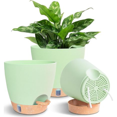 Lot de 3 pots à arrosage automatique (15/17,6/20 cm) : pot de fleurs suspendu et debout, grand pot de fleurs extérieur, avec réservoir d'eau, pour orchidées, plantes d'intérieur, vert (1/5)
