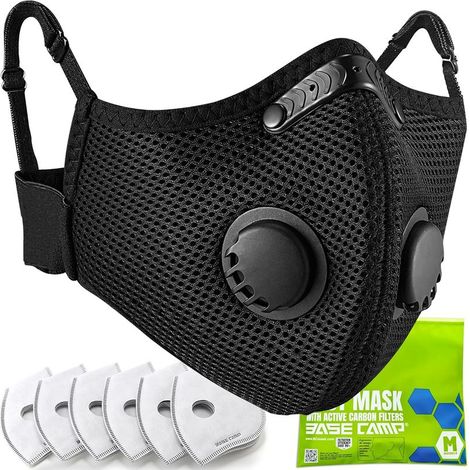 Masque anti-poussière BASE CAMP M Plus, masque facial respirateur et utilisable avec 6 filtres et charbon actif pour le travail du bois, la construction, la tonte et le meulage (Modern1) (1/5)