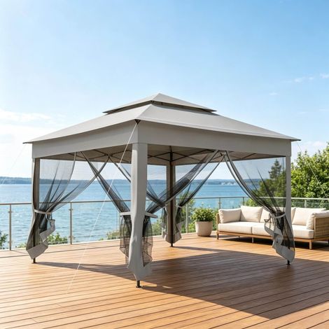 Gazebo pliant 3,25x3,25x2,7 m en acier et polyester gris, double toit moderne pour jardin FloraGrace (1/5)