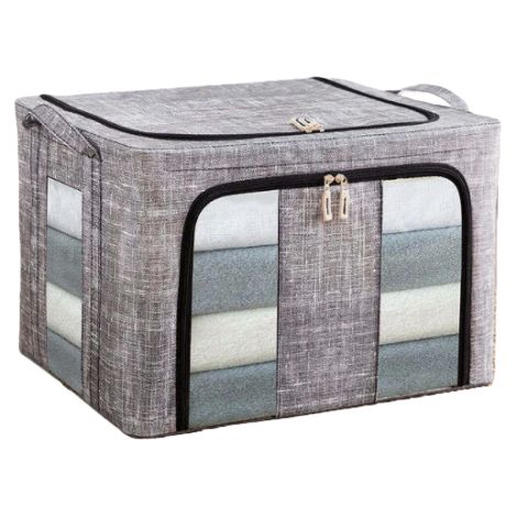 Boîte De Rangement Pliable - 66 L - Cadre En Acier - Tissu Lin Naturel - Fenêtre Transparente - Pour Sous Lit Armoire Ou Bureau - 3 Pièces (1/5)