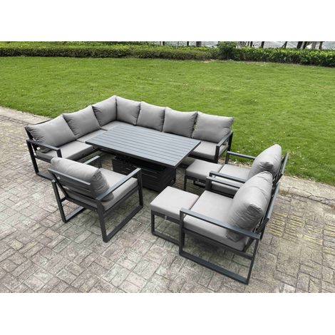 Fimous 10 Pieces Aluminium Garden Furniture Sets with Adjustable Rising Lifting Dining Table,Chair,2 Small Footstools 11 Seater Corner Sofa Set Dark Grey (1/5)