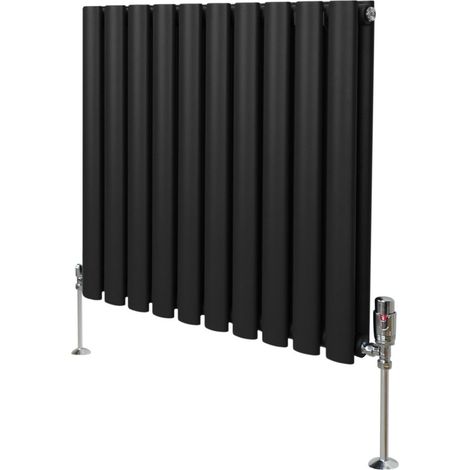 Röhrenheizkörper Oval & Chrom Thermostatventile Modern Schwarz 600 x 600mm