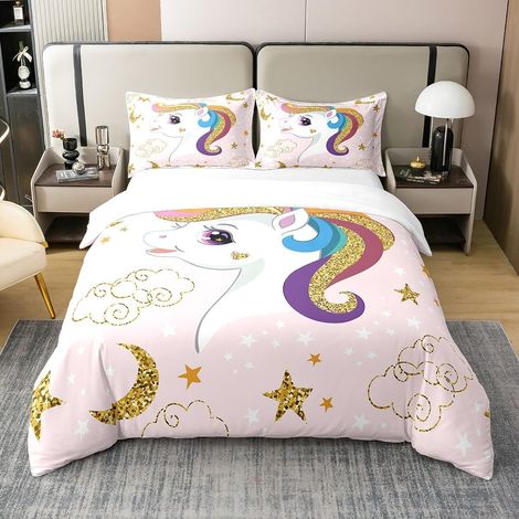 Licorne Coton Parure De Lit 140x200cm Licorne Glitter Coton Parure De Lit Filles Mignon Coloré pour Les Enfants - 140 x 200 cm + 1 taie d'oreiller 65 x 65 cm (1/5)