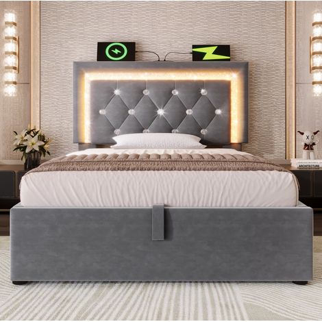 MEUBLIV Letto 90x200 cm grigio – testiera LED, USB Type-C, con materasso (1/5)