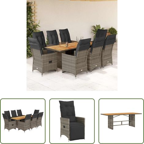 vidaXL Relaxsessel - 9-tlg. Garten-Bistro-Set mit Kissen Grau Poly Rattan (1/5)