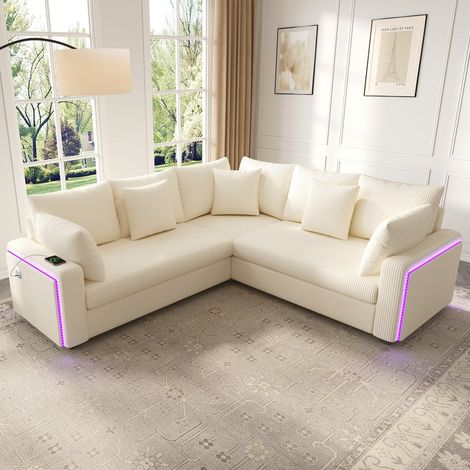 Canapé d'angle,canapé 4-6 places,avec éclairage d'ambiance LED,port de chargement USB,revêtement en velours côtelé doux, coussins assortis inclus