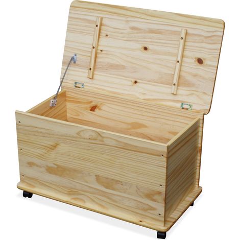 KMH® Premium Spielzeugkiste Holz Natur mit 4 Doppelrollen und Deckel, 70L Spielzeugtruhe aus massivem Pinienholz, Sitztruhe Holztruhe Aufbewahrungsbox Kinderzimmer Stangenscharnier 73x40x43,5 cm