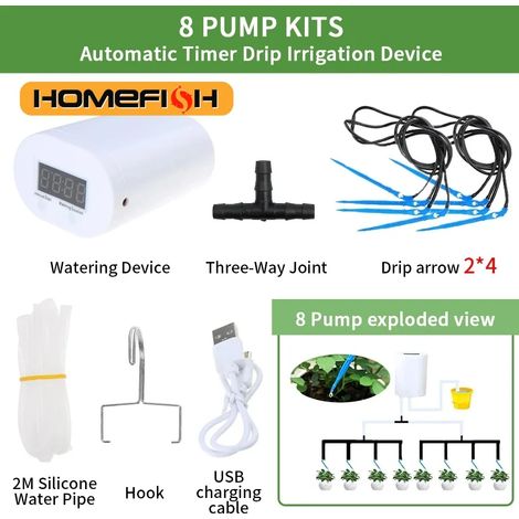 (Kit de 8 pompes) Système d'arrosage automatique pour plantes et fleurs, arroseur goutte à goutte, kit de 4/8/16 têtes avec minuterie, outil de jardinage (1/5)
