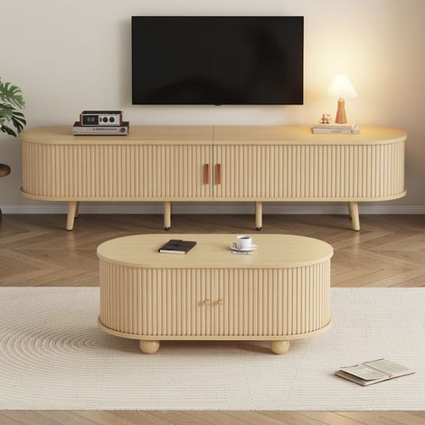 Meuble TV du salon avec combinaison rangement + table basse, combinaison ovale de couleur bois d'origine, MDF