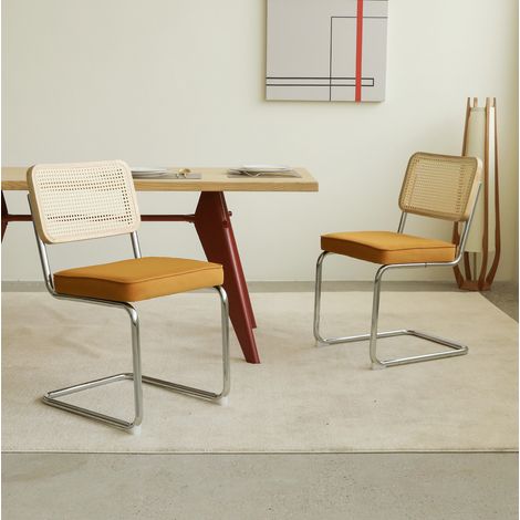 Silla de comedor de cromo y ratan, naranja, apilable, estilo moderno, asiento de terciopelo,53×46.4×84.6cm (1/5)