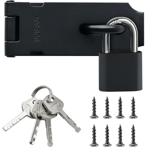 180 Degrés Verrou Porte Interieure avec Cadenas Loquet Porte Exterieur, Verrou Portail Coulissante Serrure Volet pour Fenêtre, Placard et Jardin, Noir Mat en Acier Inoxydable, EMST009-B (1/5)