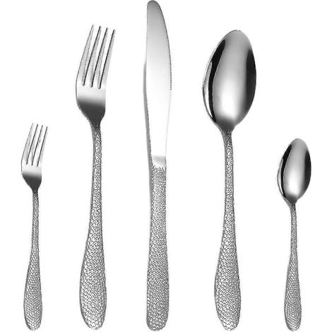 Ensemble de couverts martelés en acier inoxydable, idéal pour la cuisine, les hôtels, les restaurants et les réceptions. Design moderne et finition miroir. Compatible lave-vaisselle.