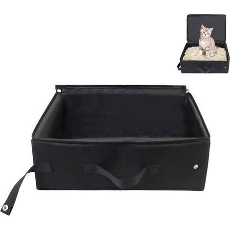 Litière de voyage portable pour chat - Avec couvercle - 40 × 30 × 15 cm - Pliable - Étanche - Avec poignée - Utile - Pour les voyages, l'extérieur, le camping, la maison - Noir (1/5)