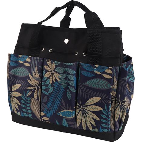 Sac de jardin fourre-tout en toile Oxford, sac de rangement pour outils de jardin, sac à outils de jardin avec poignée et poches spacieuses, motif floral bleu (1/5)