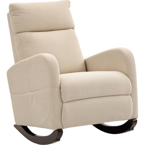 Fauteuil à bascule rembourré en velours côtelé, poches latérales, beige, idéal pour le salon ou la chambre. (1/5)