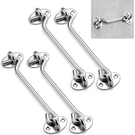 Lot de 4 loquets à crochet et œillet en acier inoxydable de 6in cm,Crochet de cabine robuste pour portes, portails, fenêtres, armoires,Comprend des vis de montage (1/5)