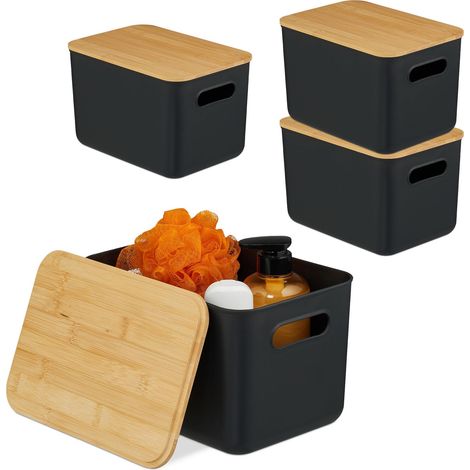 boîte de Rangement Lot de 4 avec Couvercle, Plastique/Bambou, poignées, 16 x 26 x 17,5 cm, Noir (1/5)