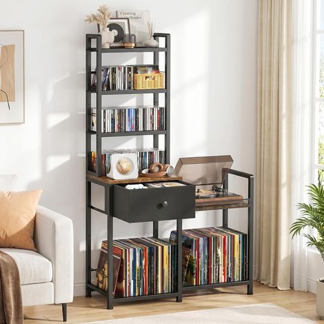 Étagère pour CD avec disques vinyles, 7 niveaux avec tiroir et support pour tourne-disque, pour 150 DVD ou 300 CD, 75 vinyles, livres, CD pour salon, chambre à coucher et bureau (1/5)