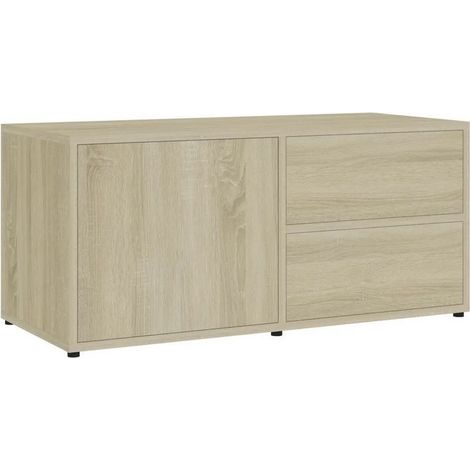 Meuble TV 1 porte 2 tiroirs bois chêne clair Ressi 80cm (1/4)