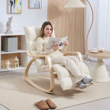 Fauteuil à bascule avec repose-pieds ajustable rocking chair avec pieds en bois de bouleau 67 x 106-123 x 92 cm - crème