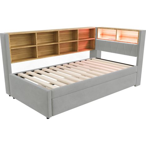 Letto imbottito multifunzione 90x200 con letto estraibile 90x190, LED, prese, grigio chiaro (1/5)