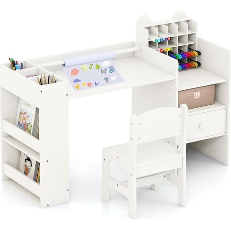 COSTWAY Set Tavolo e Sedia per Bambini 3+ Anni, Tavolo con Porta Rotolo Carta Rimovibile, Mobile Cubo e Ripiani Laterali e Cassetto, Scrivania Multifunzionale per Bambini per Lettura e Disegno (1/5)