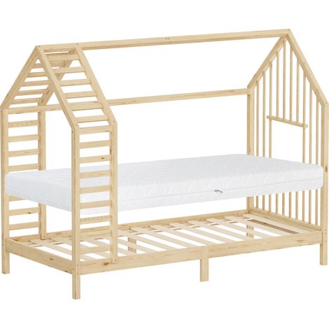 ML-Design Letto Montessori per bambini a casetta con materasso 90x200 cm lettino singolo per bambine con rete a doghe e tetto, struttura in legno massiccio di pino, ideale per cameretta, naturale (1/5)