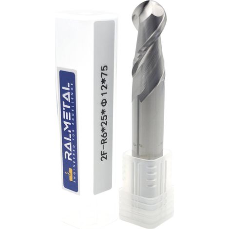 Fresa esférica para aluminio, VHM, Fi12, R6 x 25 x 75 mm, 45 HRC (1/3)