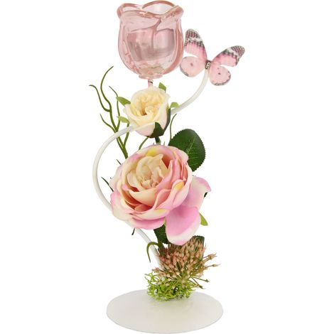 Photophore en métal avec Verre et Bougie Chauffe-Plat avec Fleurs et Papillons - Décoration de Table - Décoration de Mariage (1/5)