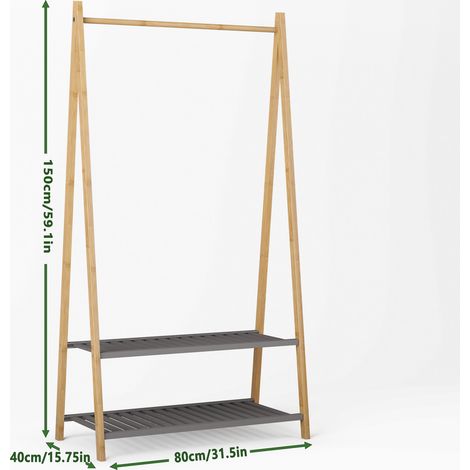 Porte-manteau en bambou avec 2 étagères, penderie stable et rangement à chaussures, idéal pour entrée, chambre ou dressing ouvert. (1/5)