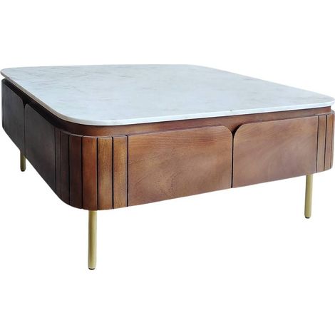 Table basse carrée en bois de manguier et marbre Sienne (1/5)